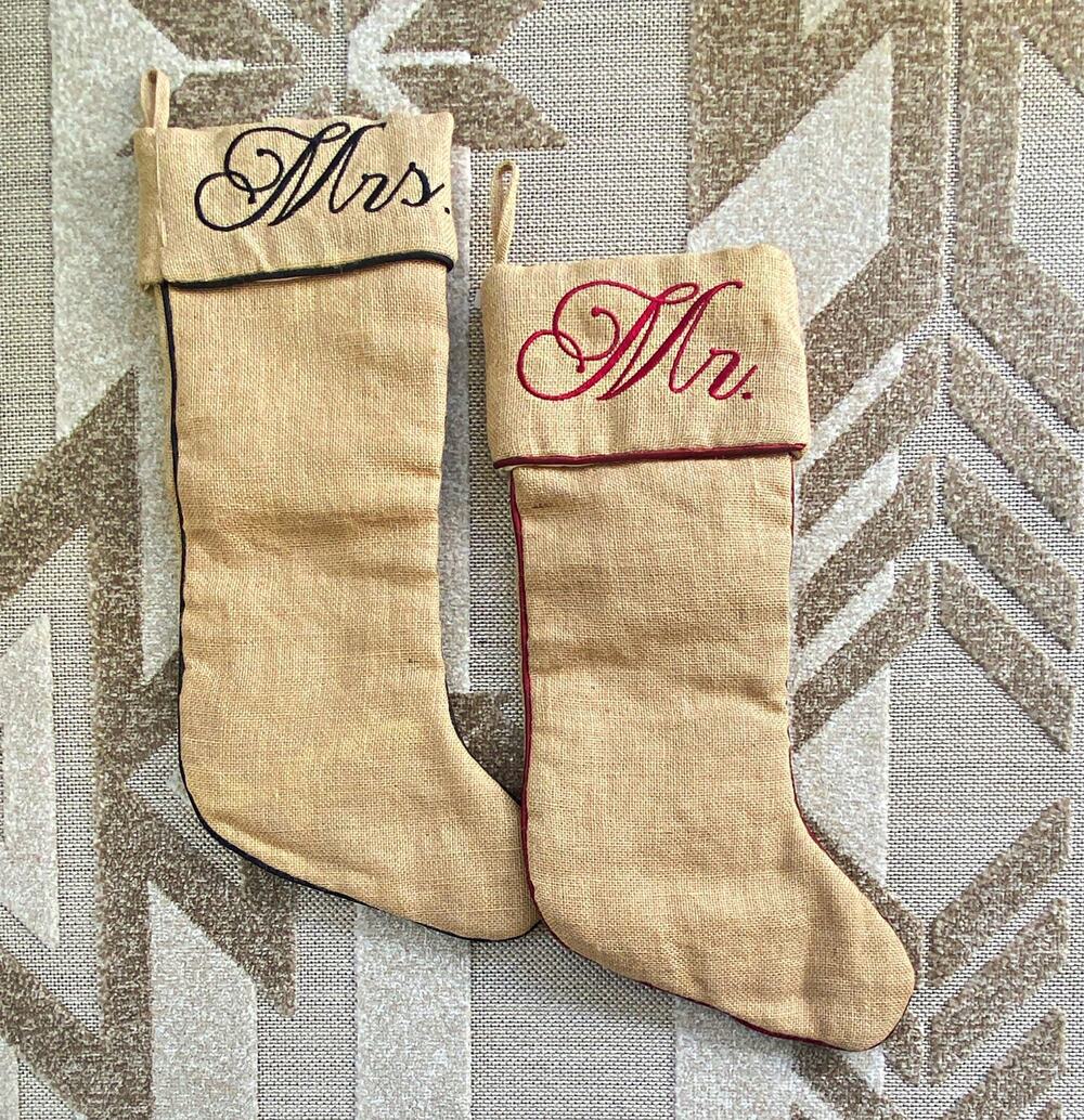 Set of 2 Mr. & Mrs. Burlap Embroidered Beige Christmas Stockings 21 in